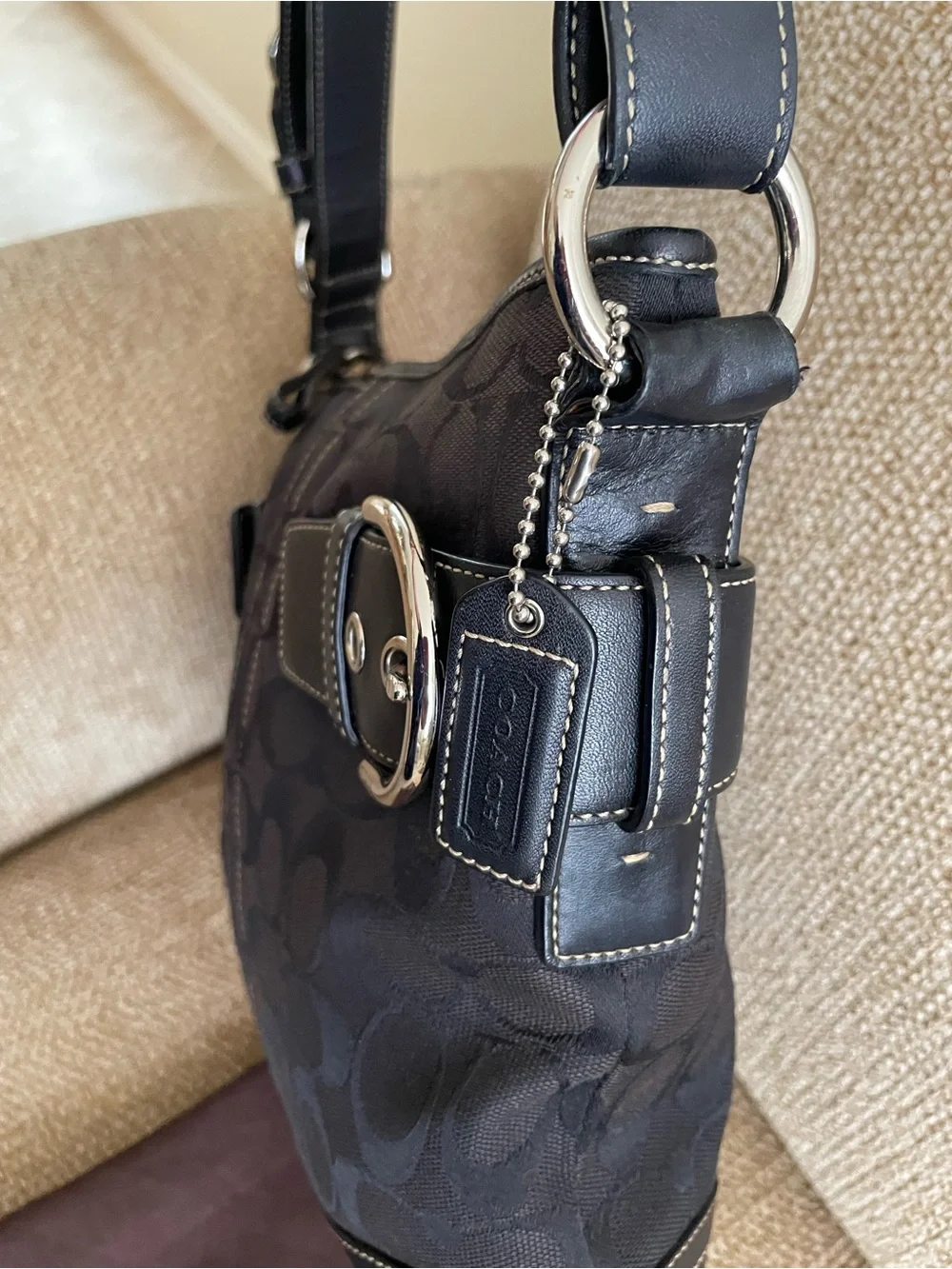Coach Black Signature Canvas Hobo Bag with Silver Buckle Accents